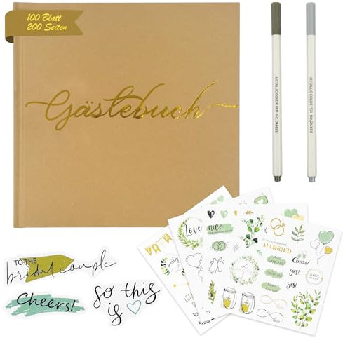 Libro de visitas para bodas, 100 páginas en blanco (21,5 x 21,5 cm) con título dorado, libro de visitas de boda con 2 bolígrafos y 4 pegatinas para bodas, aniversarios, cumpleaños, álbum de parejas