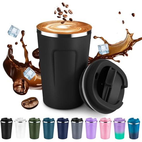 Volhoply 340ml 12oz Double Wall Insulated Vacuum Travel Coffee Mug with Flip Lid,Reusable Stainless Steel Leak Proof Coffee Cup,Iced Cafe Thermal Tumbler Suitable for Hot&Cold Drinks(Black,1 Set)