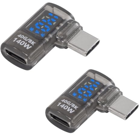 Maxhood USB C Right Angle Adapter 40Gbps, 140W PD, 8K Video, 90 Degree USB Type C Male to Female with Real-time Digital Display Support for Macbook & Iphone, 2-Pack