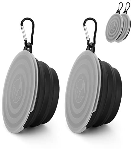 2 Pezzi Ciotola d'acqua in silicone per gatto e cane, ciotola pieghevole per animale domestico, Ciotola portatile per cani con coperchi e moschettone per viaggi e campeggio (nero, piccolo)
