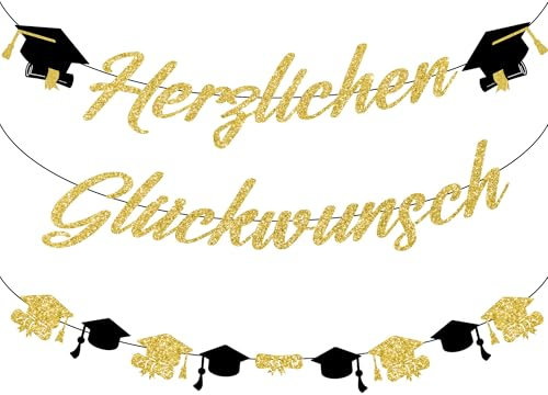 Herzlichen Glückwunsch Girlande Graduation Deko - 2 Stück Gold Abschluss Dekoration Banner mit Doktorhut, Papier Gratulation Dekorationen für Prüfung Bestanden Abitur Bachelor Abschlussfeier