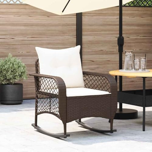 LAPOOH Garten-Schaukelstuhl mit Kissen Braun Poly Rattan, Schaukelstuhl Outdoor, Rocking Chair, Relaxsessel, Gartenschaukelstuhl, Schwingstuhl, Terrassenschwungstuhl - 4104194