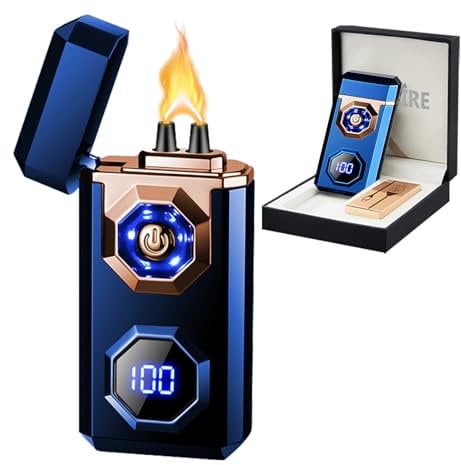 SKRFIRE Electric Rechargeable USB C Arc Plasma Lighter High Power Flame Cool Windproof Electronic Candle Lighter with LED Flashlight for Candle, Firework, Incense (Blue)