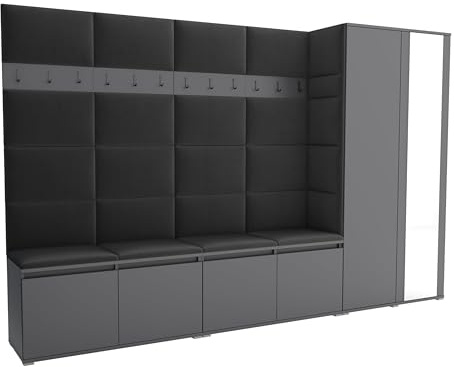 Brent - Garderobenschrank Flur Grau mit sitzbank 290 cm Breit Luton 5 - Multifunktionale Flurgarderobe Set mit Stauraum und Wandpaneel, Garderobe mit Sitzfläche und Kleiderhaken