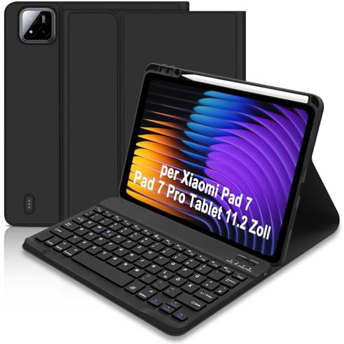 Hülle mit Tastatur für Xiaomi Pad 7/7 Pro 11.2 Zoll 2025, Deutsches Tastatur für Xiaomi Pad 7 Pro 11.2“ - Schutzhülle mit Pen Halter Wireless für Xiaomi Tablet 7 (Schwarz)
