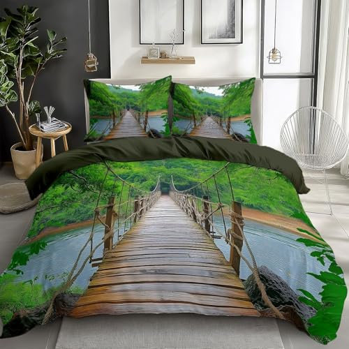 Grün Bettwäsche Set 135x200 cm Malerische hölzerne Hängebrücke 3D Bettwäsche Polyester Baumwolle Weiche Atmungsaktiv Wendebettwäsche Bettbezug, Einzelbett Doppelbett Bettbezug Set