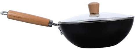 Amosfun Wok Chinois Fonte Profonde Avec Couvercle Poêle à Frire Avec Manche Petit Wok Pour Cuisinière à Induction Et Cuisinière à Gaz