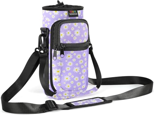 Nuovoware Water Bottle Carrier Bag, 750ml Bottle Pouch Holder, Adjustable Shoulder Hand Strap 2 Pocket Sling Neoprene Sleeve Sports Accessories for Hiking Travelling, PurpleDaisy