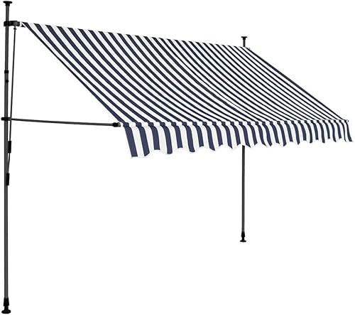 Tenda da Sole Retrattile Manuale con LED, 250 cm Blu e Bianco, Tessuto Poliestere Idrorepellente UV, Struttura Acciaio, per Balcone Giardino Patio, Illuminazione Solare