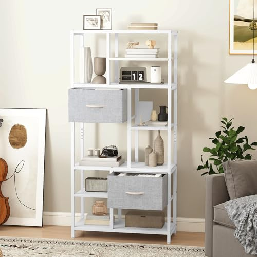 DWVO Tall Bookcase 7 Tier Bookshelf with TWO Drawers Floor Standing Book Shelf Industrial Shelving Unit Storage Rack for Living Room, Office, Study, Hallway, 80cm Wide 186cm White