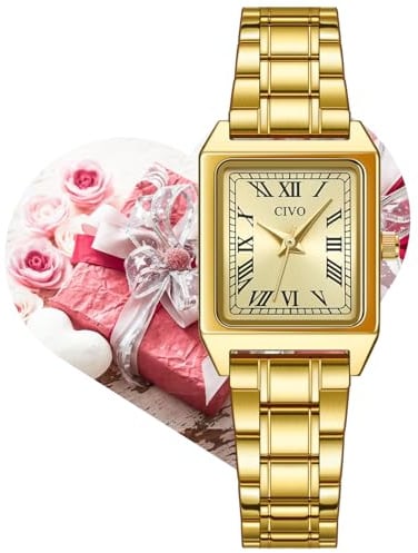 CIVO Vintage Damenuhr Eckig Klein: Gold Armbanduhr Damen Edelstahl Analog Quarz - Kleideruhr für Formelle Anlässe, Alltagskleidung, Hochzeiten, Büro