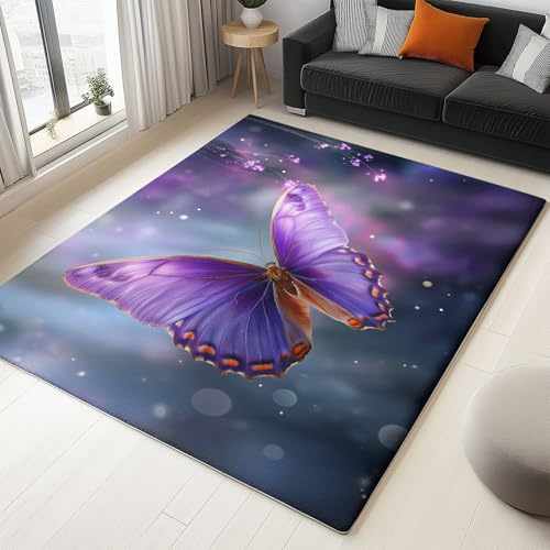 Teppich Wohnzimmer 140 x 200 cm Waschbar Kurzflor - Mehrfarbig Traum Schmetterling Nebel rutschfeste Bodenmatte Weich Teppich, Kunst Design für Schlafzimmer Jugendzimmer Esszimmerteppich