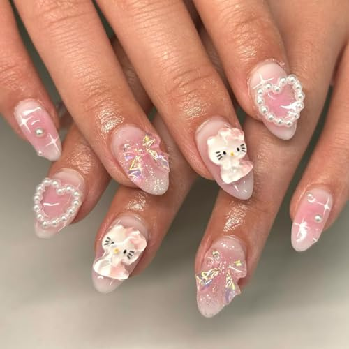 Zimocepuz Press on Nails, Mandelförmige Pink Fake Nails mit Schleife, Perlen & Herz 3D Nail Charms für Frauen