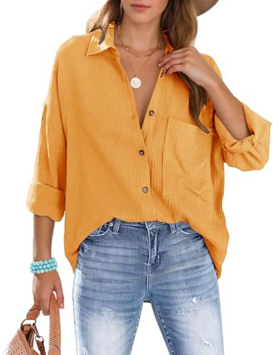 Lonya Womens Shirts Oversized Blouse Long Sleeve Button Down, Ladies Cotton Tops with Pocket, V Neck Blouses Roll-up Loose Fit Tunic T Shirts Business Casual Elegant