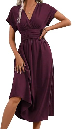 LIAMERHE Damen Langarm/Kurzarm V-Ausschnitt Sommer/Winter Elegant Lang Kleider Herbst Freizeitkleider Plissee Hohe Taille Lässiges Kleid Boho Stil A-Linie Strandkleid Frühling