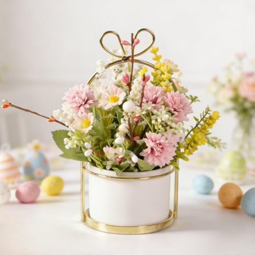 Osterdeko Künstliche Blumen mit LED Licht Kunstblumen im Topf Beleuchtet mit Ostereier Ostern Deko Künstliche Blumen wie echt Kunstblume mit Beleuchtung Batteriebetrieben für Frühlingsdeko (C)