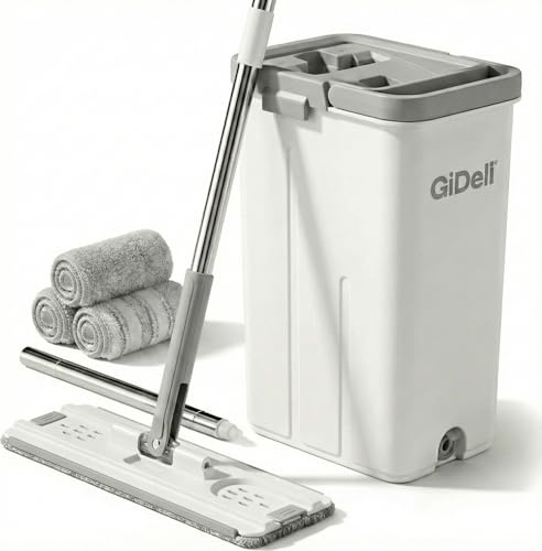 GiDeli Wischmopp und Eimer mit Auswringer-Set - Grau Flach Squeeze Mop Eimer Set für Bodenreinigung - Nass Trocken Mop für Wandreiniger mit langem Griff - Hartholz Bodenwischer mit 3 Mikrofasertüchern