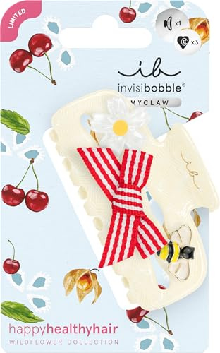 Mittelgroße Haarklammer mit Blume & Schleife - Invisibobble MyClaw Wildflower Juicy Charms Cottagecore - Damen Haarspange Haarschmuck mittel mit 3 Anhängern (Biene, kariertes Schleifchen) - M