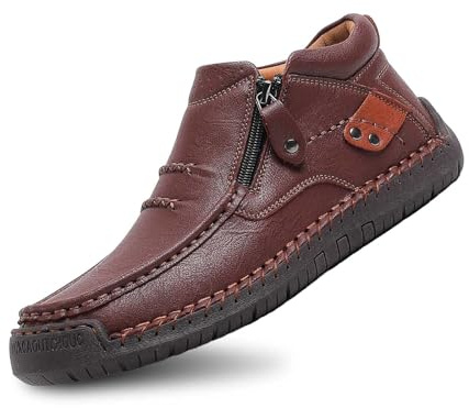 2026 Zapatos Casuales sin Cordones para Hombre, Parte Superior de Cuero, cómodos Zapatos para Caminar para Uso Diario con diseño de Cremallera Lateral, Jeans y Pantalones (Coffee, 45)