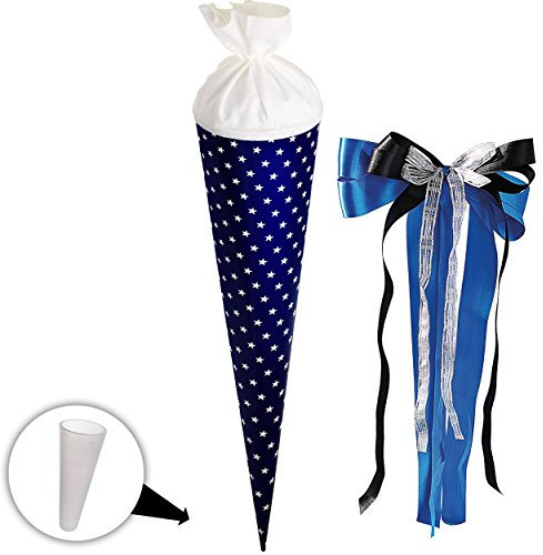 Schultüte/Rohling - blau - Sterne weiß - einfarbig bunt - 15 cm - rund - incl. große Schleife - mit Filzabschluß - Zuckertüte - mit/ohne Kunststoff Sp..
