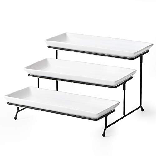 YHOSSEUN Support de service à 3 niveaux avec 3 plateaux de service en porcelaine pour dessert, support pliable et robuste en métal de grande taille 35,6 cm