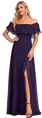 Ever-Pretty Dalla Spalla Vestito da Cerimonia Linea ad A Chiffon con Aberturas Lungo Viola Scuro 44