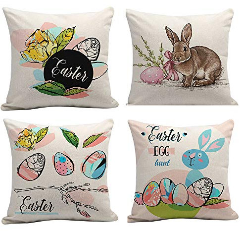Odot Zierkissenbezüge Ostern, Leinen 4 Set Kissenbezug mit Reissverschluss 45X45cm Atmungsaktive Home Sofa Büro Dekoration (45x45cm/18x18in,Kaninchenei)