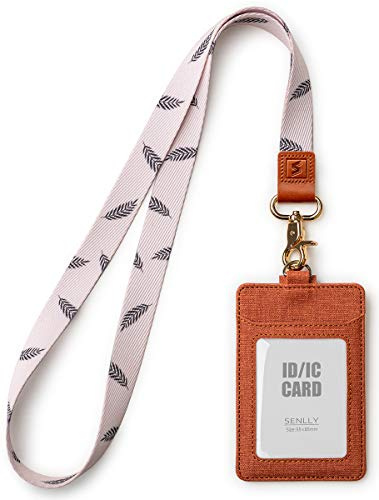 SENLLY Porte badge D'identification avec Courroie Lanière Tour de Cou, ID Porte cartes en Cuir PU et Cordon Amovible, 2 Fentes pour Cartes et 1 Fenêtre D'identification Transparente
