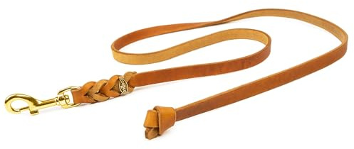 Hundeleine Leder 1m kleine Hunde – Fettlederleine [ohne Handschlaufe] Lederleine Hund geflochten leicht – Führleine & Trainingsleine aus robustem Rindsleder, Messingkarabiner, Dog Leash 10mm, Cognac