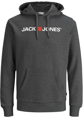 JACK & JONES - Felpa da Uomo con Cappuccio e Logo, Grigio (Dark Grey Melange/Reg Fit - Me)., XS