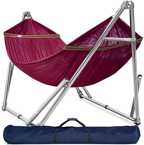 Tranquillo Double Hammock with Stand 650lb Capacity Double Hammock with Spreader Bar, Solid Grade 201 Stainless Steel 30s Set Up, Sturdy Flexible Portable, Outdoor Indoor, Red