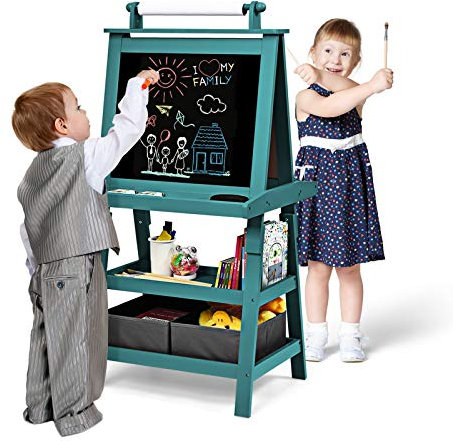 GOPLUS Tableau Enfant Double Face, Chevalet Enfant avec Tableau Blanc/Noir Magnétique Effacable, Rouleau de Papier 2 Boîtes de Rangement, pour 3+ Ans (Bleu)
