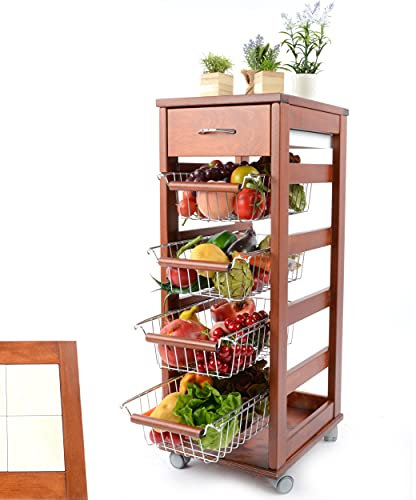 Kasalingo Carrello Porta Frutta e Verdura con cassetto portapane 29,5x37 h 83 in Legno, carrello da cucina con ripiano multiuso 100% Made in Italy. (Ciliegio)