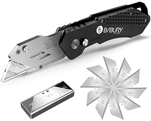 BIBURY Cuchillos Utilitarios, Cuchillo Plegable Portátil, Versión Actualizada Cúter Professional, con 10 Cuchillas de Acero Inoxidable SK5, Clip para Cinturón, Bloqueo de Seguridad Cortador (Negro)