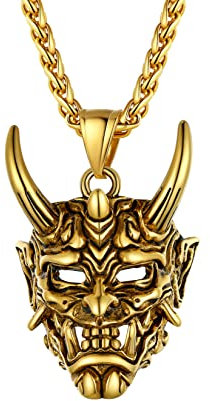 U7 Anhänger für Herren Japanische Dämonen Prajna Maske Kette Männer Frauen Gotik Punk Horn Schädel Halskette Kette 18k vergoldet Modeschmuck Accessoire 02: Gold