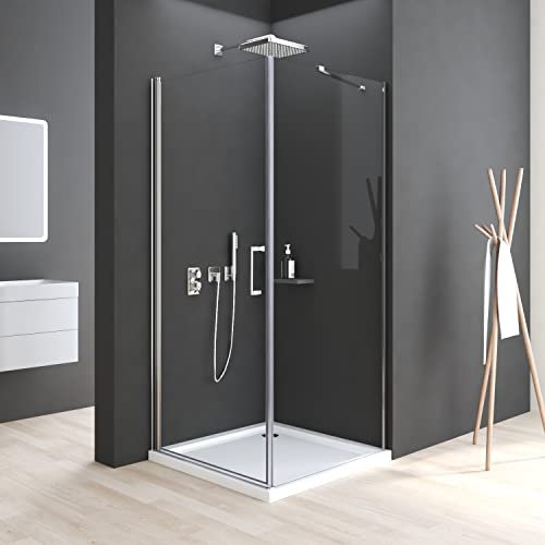 Duschkabine 75x90 cm Duschkabine Eckeinstieg mit Verkürzter Seitenwand Pendeltür Drehtür Duschabtrennung Duschwand 6mm NANO ESG Glas Höhe 195cm, LINKS & RECHTS MONTIERBAR