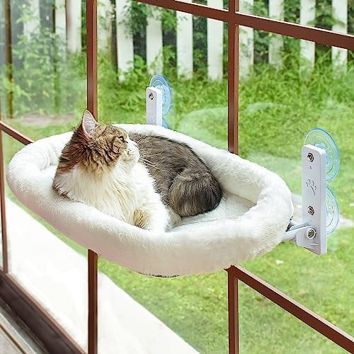 AMOSIJOY Kabellose Katzenfensterstange, Katzenhängematte für Fenster mit 4 starken Saugnäpfen, solidem Metallrahmen und weichem Bezug, Katzenbetten für Indoor-Katzen