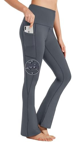 BAYGE Damen Bootcut Yogahose Hohe Taille Wasserdicht Blickdicht Bauchkontrolle Slim Fit Leggings Sporthose Schlaghose Sweathose Fitnesshose mit Taschen, Grau, XL