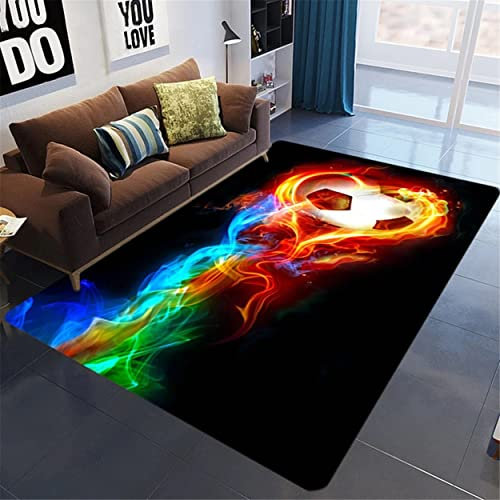 3D Flamme Fußball Wohnzimmer Teppich Gaming Junge Teenager Schlafzimmer Teppich Rutschfest Grün Fußballplatz Fußball Sportspiel Graffiti Kinderzimmer Dekoration Teppiche (Farbe 6,140x200 CM)