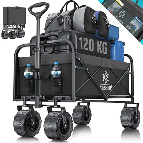 KESSER® Bollerwagen faltbar max. bis 150kg belastbar mit Breiten Vollgummi Reifen | Handwagen Transportkarre | Gerätewagen inkl. 2 Netztaschen & Seitentasche | Transportwagen Gartenanhänger klappbar