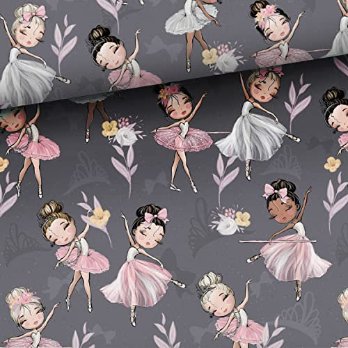 Meterware, Stoffe zum Nähen für Kinder, 100% Baumwolle: 0,5m Baumwollstoff mit Ballerina und Blumen - grau rosa weiß gelb pink - Mädchen Kinderstoff