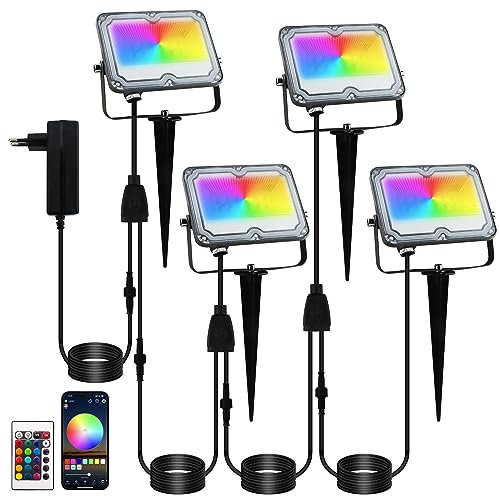 BOSITE RGB LED Strahler 10W, 4 Stück Flutlicht, Außen Strahler IP66 Wasserdicht, LED Gartenbeleuchtung für Hof, Garten, Baum, Landschaft, Rasen, Weg (24V)