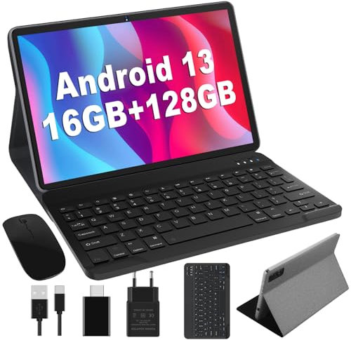 JUSYEA 2024 Nuovo Tablet 10 Pollici Android 13 16GB RAM+128GB Memoria Veloce, Super Octa-Cores, WiFi 6(5G+2.4G), 8000mAh, Certificazione GMS, 13+5MP, BT5.0, Corpo in Metallo, Tastiera e Mouse, Grigio
