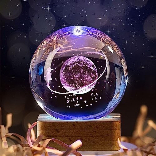 3D Kristallkugel Nachtlicht, USB 3D Sonnensystem Planeten Kristallkugel Nachtlicht Kreative Nachtszene Astronomie LED Ball Lampe,Mit Holzsockel, 3D Solar System Crystal Ball(Weltraumspaziergang)