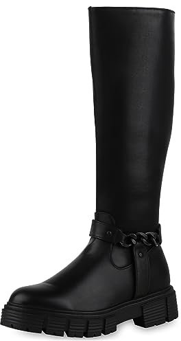 VAN HILL Damen Bikerstiefel Blockabsatz Plateau Vorne Trendy Schuhe 840538 213082 Schwarz 36