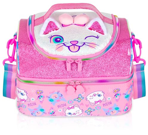 PinkSheep Bolsa de almuerzo aislada de doble piso para niños, niñas, hombres, mujeres, con correa ajustable, gato