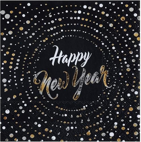 Miss Lovely Servietten Silvester Happy New Year in schwarz & Gold mit Punkten - 33x 33cm - Silvester-Deko Tisch-Dekoration Silvester Neujahr Silvester-Party Tisch-Dekoration 10 Servietten