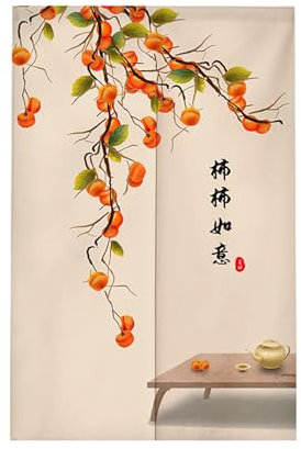 Surwin Rideau de Porte Japonais Long Tapisserie Noren en Lin, Kaki Fruit Fenêtre Rideaux Panneau Tenture Tapisserie Décoration pour Cuisine Chambre Maison (85x180cm,Style Chinois)