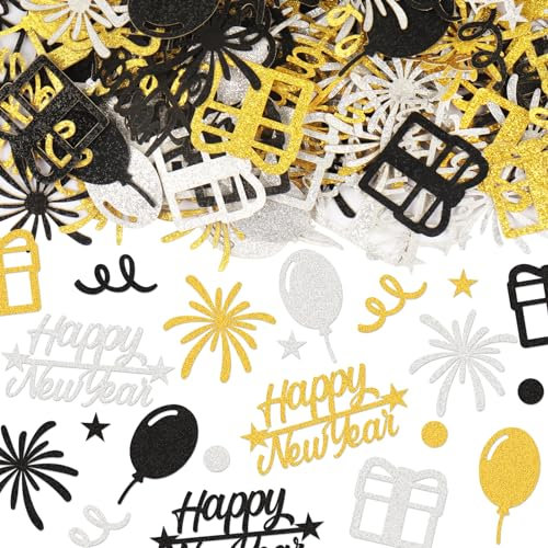Glodecart 200PCS Happy New Year Konfetti für Tisch, Gold Schwarz Silber Metallic 2024 Silvester Konfetti für Zuhause Neujahr Party Dekoration Tischdekoration Liefert Neujahr Feier Tisch Streuung