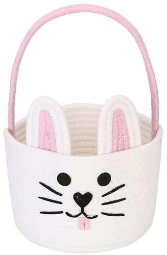 Sea Team Osterhase Korb für Eier Jagd, Ostereier Eimer, kleine gewebte Baumwollseil Tragetasche mit Kaninchenohren für Gesicht und flauschiger Schwanz für Kinder, Ostertage Dekoration Feiertage, Rosa